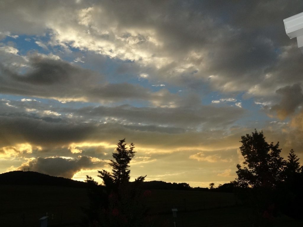 Photo of horizon above a wooded hill at sunset