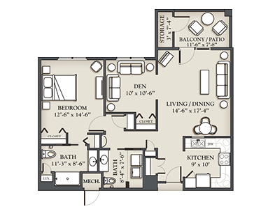 (G) 1 Bedroom + Den, 1½ Bath Apartment