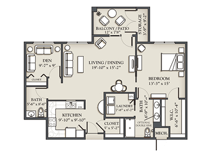 (H) 1 Bedroom + Den, 2 Bath Apartment