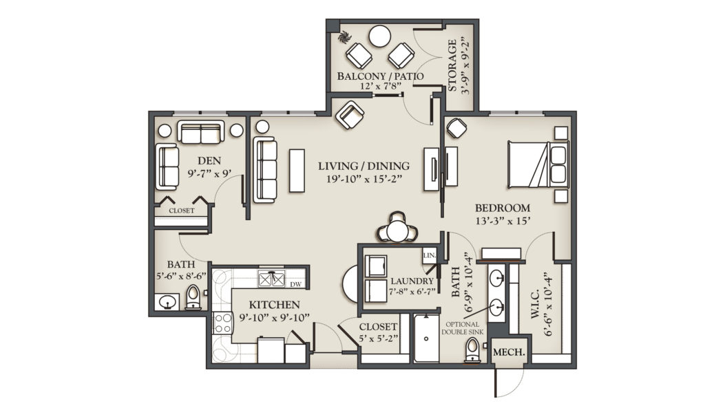 (H) 1 Bedroom + Den, 2 Bath Apartment