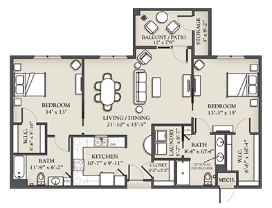 (I) 2 Bedroom, 2 Bath Apartment