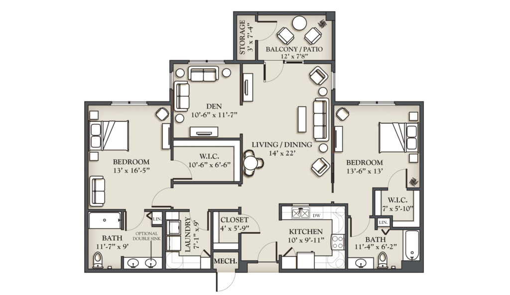 (J) 2 Bedroom + Den Apartment