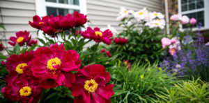 Closeup of red flowers in a garden