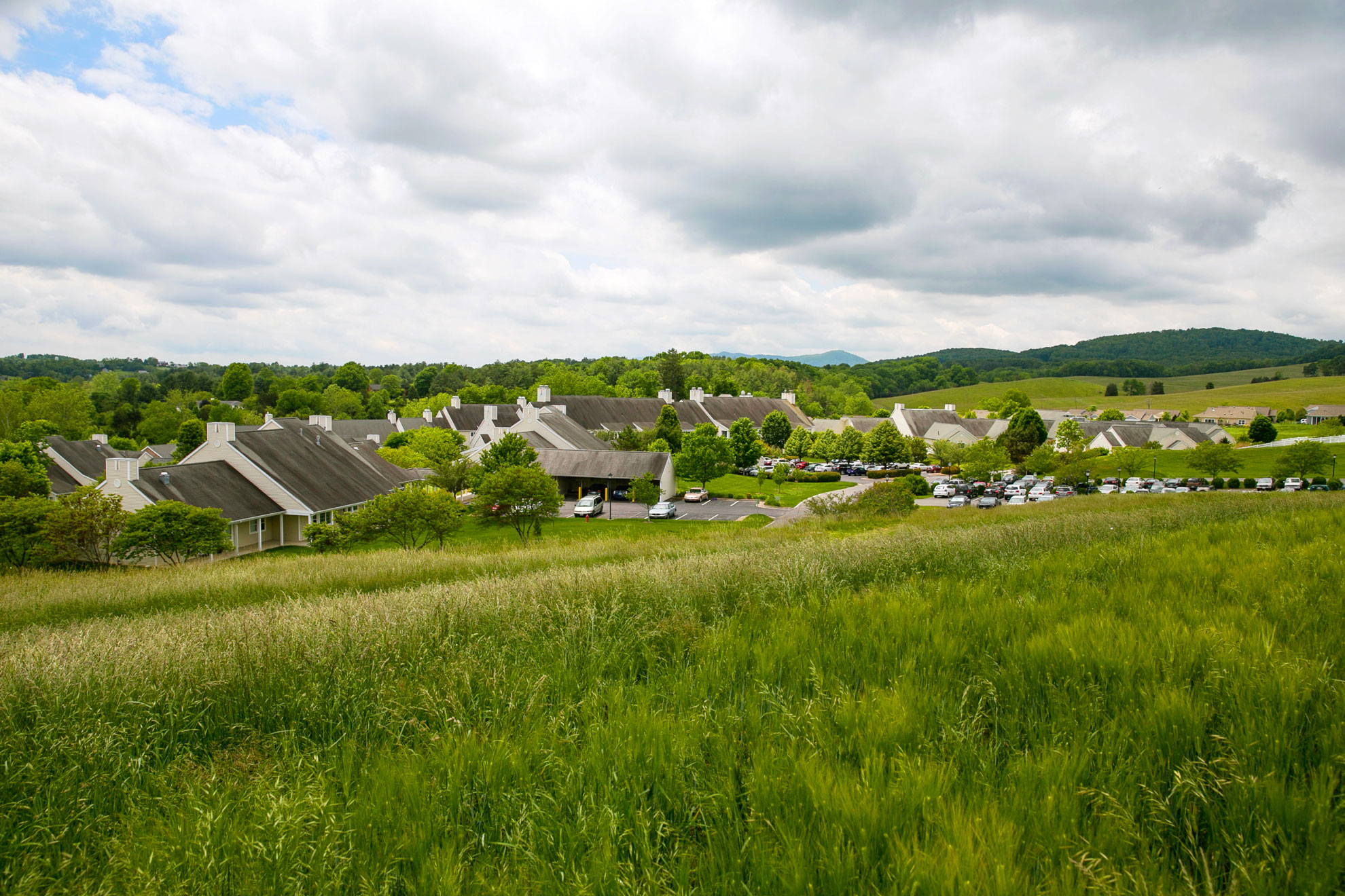 Photo looking across green hills toward Kendal at Lexington's campus
