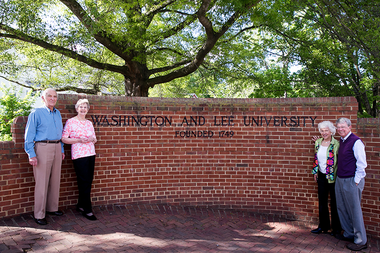 Two resident couples flanking entrance at Washington and Lee University