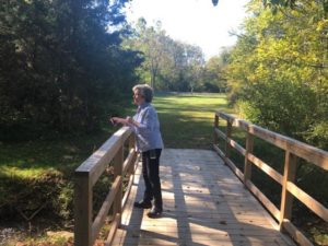 woman on bridge near creek