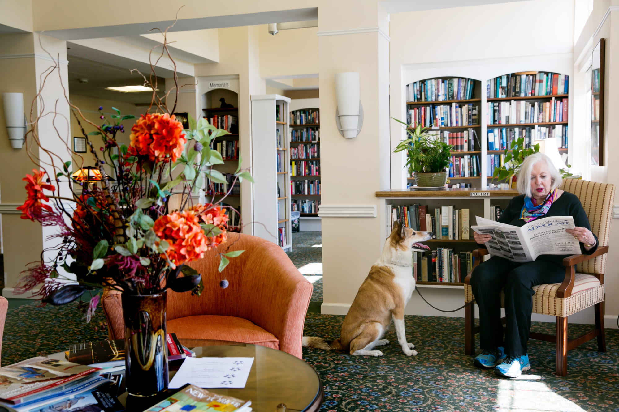 woman and dog in library