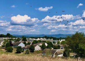 view mountains and buildings