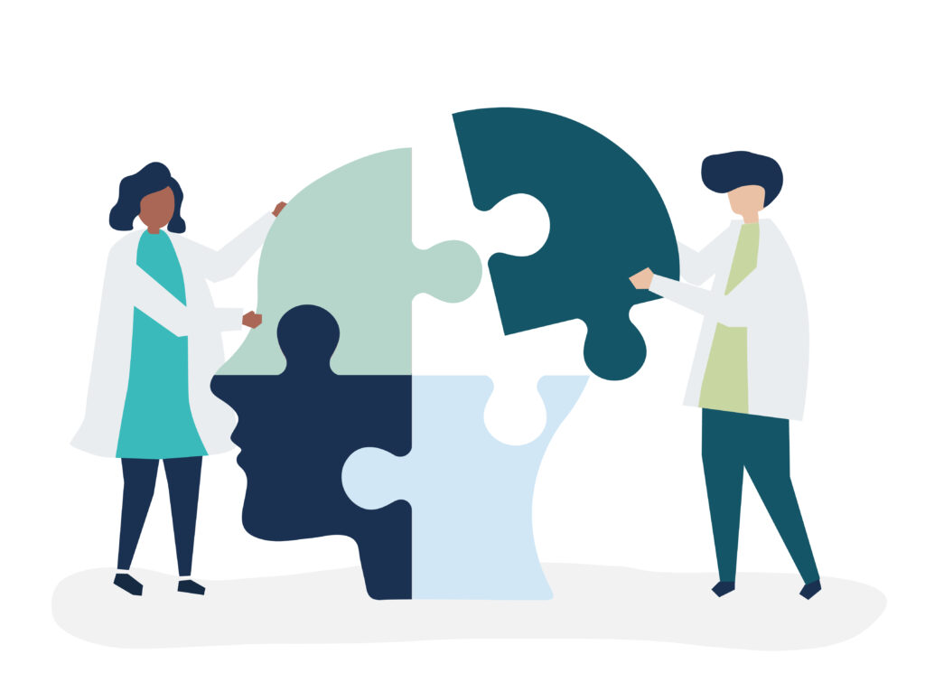 People connecting jigsaw pieces of a head together.