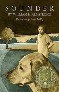 Book cover of the novel "Sounder." Young boy stands in field with coon dog.